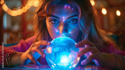 A woman holds her hand over a crystal ball, her eyes closed in concentration, showcasing the concept of precognition and psychic abilities. photo