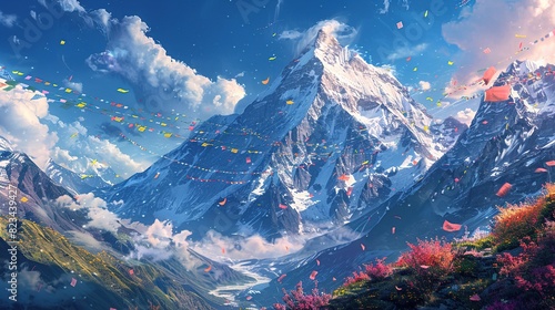 Capturing Everest's Beauty: Vibrant Prayer Flags Fluttering in Wind