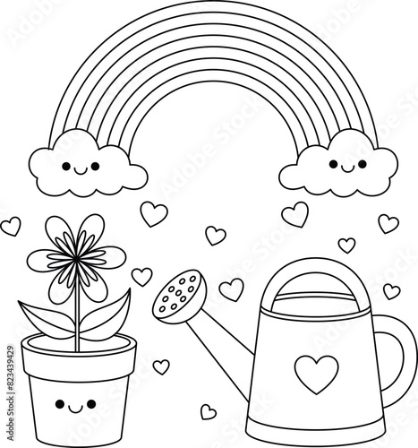 Rainbow, flower and watering cartoon character coloring page for kids. Summer landcape vector illustration