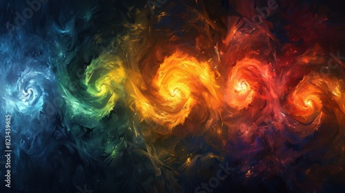 An abstract representation of the seven chakras, each depicted as a swirling vortex of light in corresponding colors, floating against a dark background.