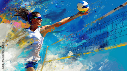 A woman beach volleyball player in action. Digital painting.