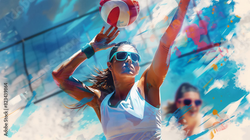 Woman beach volleyball player before hitting the ball.