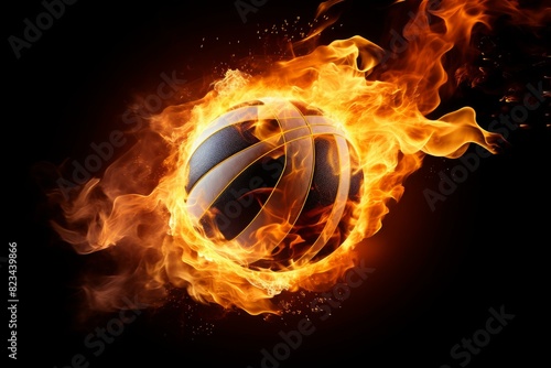 Dynamic and intense flaming volleyball in action  engulfed in flames  showcasing the fiery and vibrant energy of the sport in a competitive and dramatic match with a scorching impact
