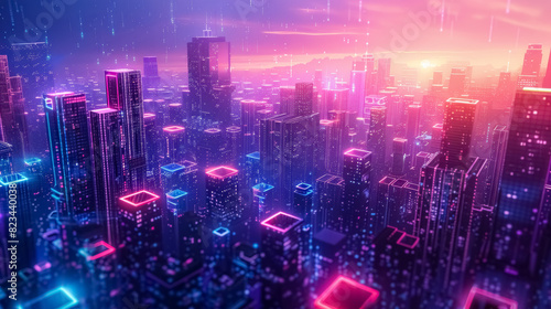 Futuristic cityscape at sunset with glowing neon lights and tall skyscrapers