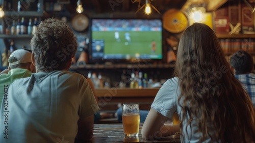 A couple in a pub drinks beer and watches a football match on TV.
