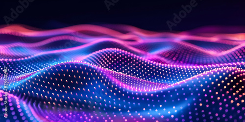 Abstract background with a blue and purple gradient of dots or particles waving, forming a digital landscape, depicting a futuristic technology concept