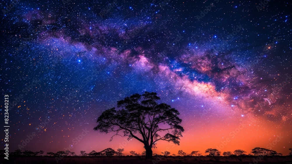 Fototapeta premium An ethereal view of the Milky Way galaxy arching across a night sky, with the silhouette of a lone tree in the foreground.