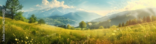 Beautiful meadow with wildflowers and green grass in the mountains on sunny day  panorama banner.