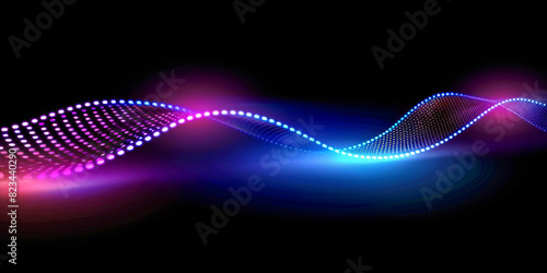A series of vibrant, multicolored LED lights form delicate wave patterns against a dark black backdrop. An abstract futuristic design element.