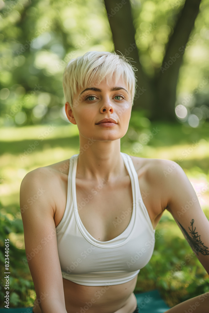 Young woman with short blonde hair, wearing white tank top, posing outside with trees in background
