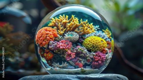 A stunning close-up of a spherical glass globe aquarium containing vibrant tropical fish swimming amidst lush aquatic plants.  photo
