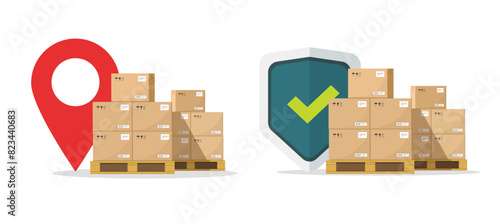 Cargo delivery shipping map pin pointer location 3d vector icon graphic illustration, gps shipment insurance shield protection for freight transportation service concept image clip art
