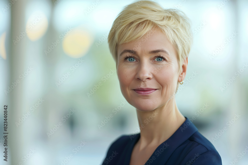 Professional portrait of a smiling woman with short blonde hair, wearing a navy blue top. Professional portrait of a smiling woman with short blonde hair, wearing a navy blue top.