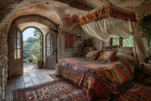 An eclectic bedroom with a canopy bed and a mix of patterns and textures