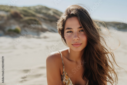 Woman with flowing hair at the beach, wearing a summer dress, looking serene, soft sunlight, natural beauty. © zakiroff