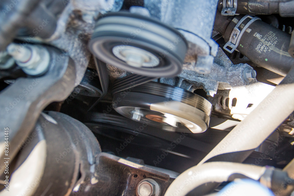 Gear Rotation Belt Working rotating gears with belts under the hood of a car Stock Photo ...