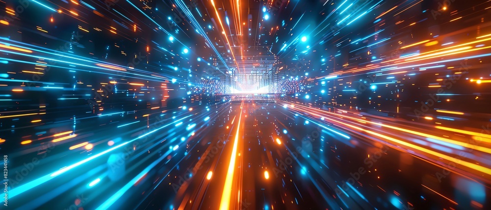 Slick, glossy black surfaces intersected by glowing Navy Blue and Coral neon lines, conveying a highspeed data network in motion Slick, glossy black surfaces intersected by glowing Navy Blue and Coral neon lines, conveying a highspeed data network in motion
