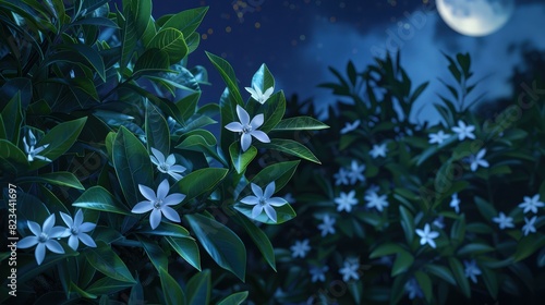 Fototapeta Naklejka Na Ścianę i Meble -  a composition featuring a night full moon bright effect on beautiful white flowers that bloom in moon light 