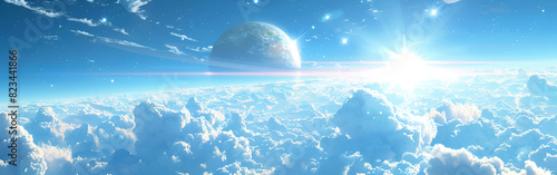 Planet floating in blue sky above cloud Blue sky with white clouds and bright midday sun in background
 photo