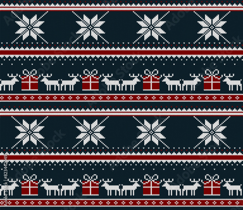 Christmas blue sweater pattern. Xmas, winter holiday knit ornament wallpaper or vector backdrop. New Year or Christmas handmade embroidery print, ugly sweater background with snowflakes and reindeers