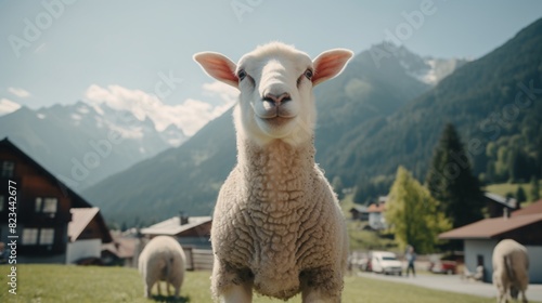 a sheep standing in a grassy field photo