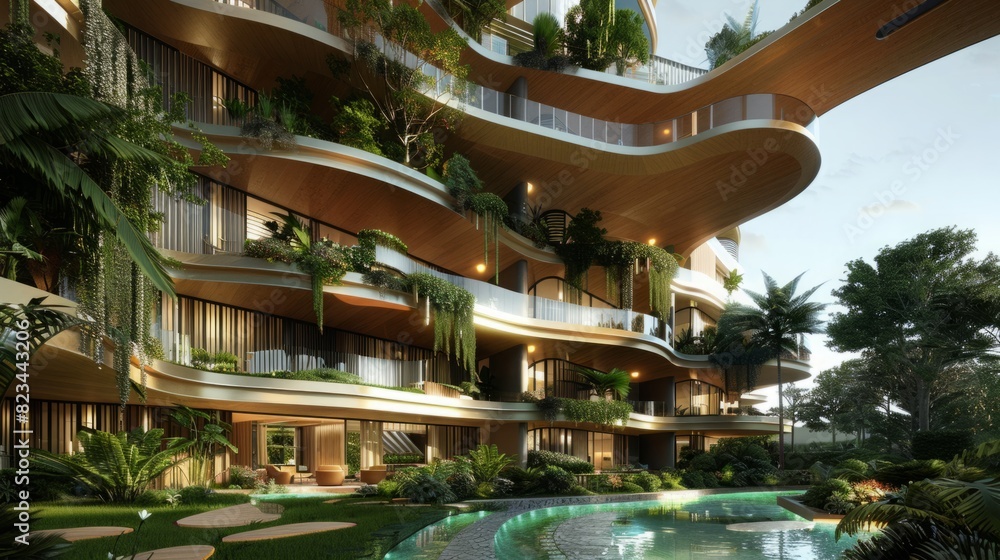 A towering building overlooks a sizable pool in its front, creating a striking architectural contrast. A towering building overlooks a sizable pool in its front, creating a striking architectural contrast.
