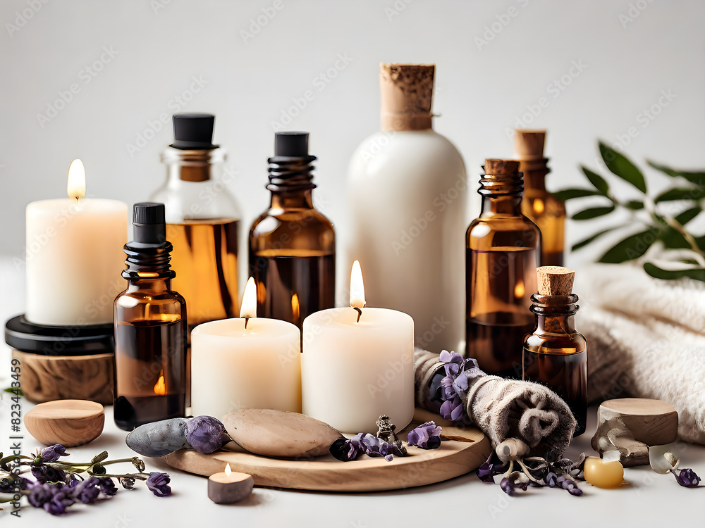 wellness products, such as essential oils, candles, and massage tools, on a white background to emphasize relaxation wellness products, such as essential oils, candles, and massage tools, on a white background to emphasize relaxation