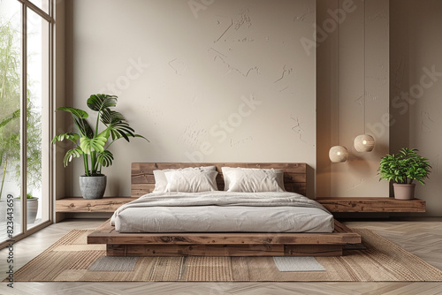 Modern bedroom with a platform bed and a floating nightstand © Ibrar Artist