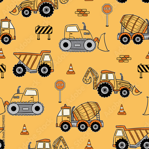 Construction Vehicle Seamless Pattern. Excavator Seamless Repeat Design. Boys Seamless Pattern.