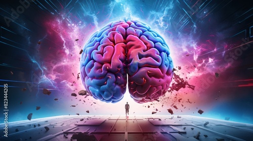 a person standing in front of a large brain photo