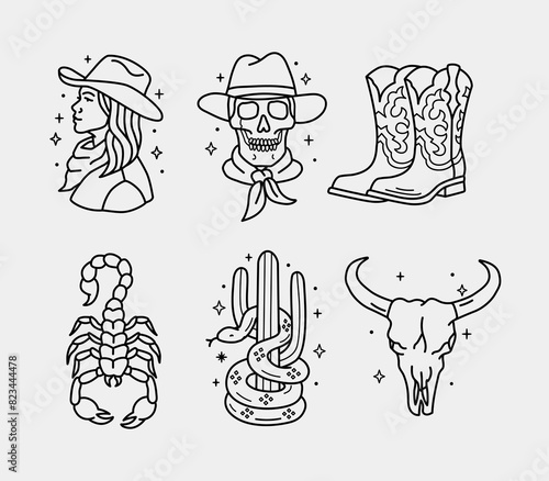 Set of vector western-inspired vector line art illustrations. 