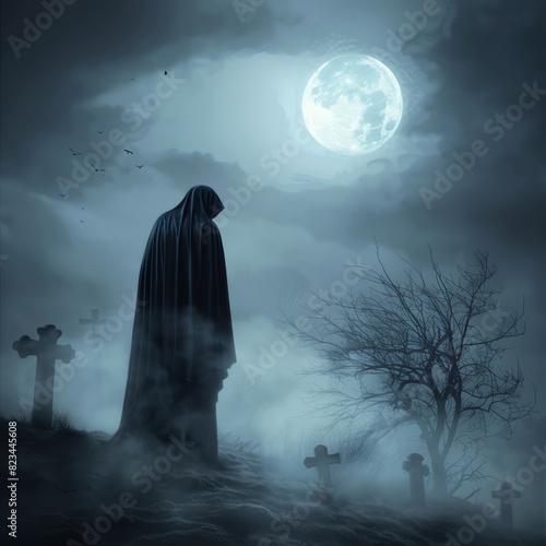 Grim Reaper in a moonlit graveyard with fog.