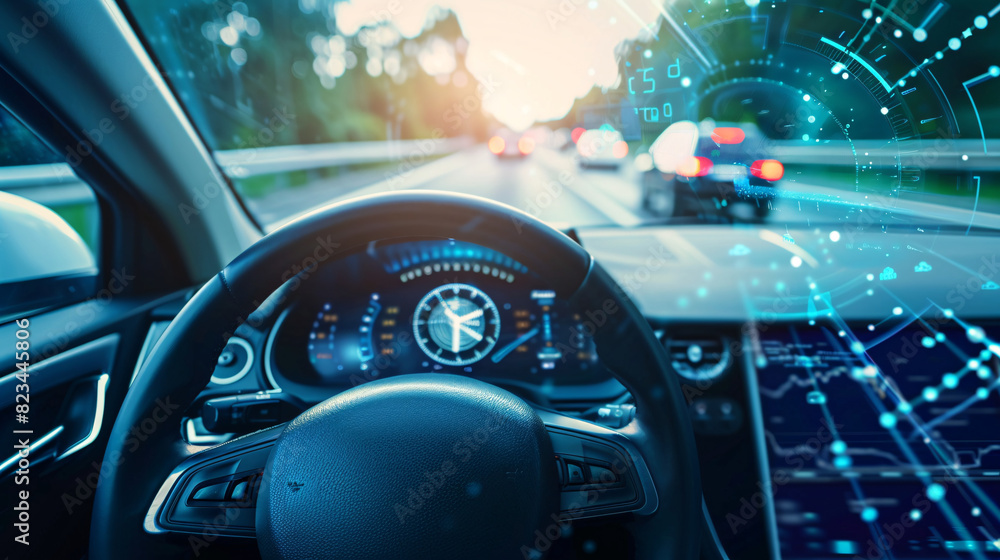 Autonomous self driving vehicle on the road. View from the driver's seat of an autonomous self-driving vehicle navigating a highway with digital interface showing telemetry data.