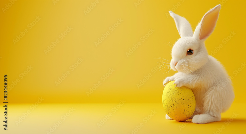 Cute Easter bunny with yellow Easter egg on yellow background.Generative AI Cute Easter bunny with yellow Easter egg on yellow background.Generative AI