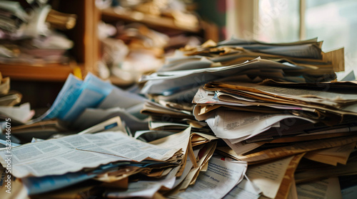 Mountain of paperwork clutter chaos. Overwhelmed by paper clutter? Photo of messy piles of paperwork, perfect for organization, procrastination, or office themes.