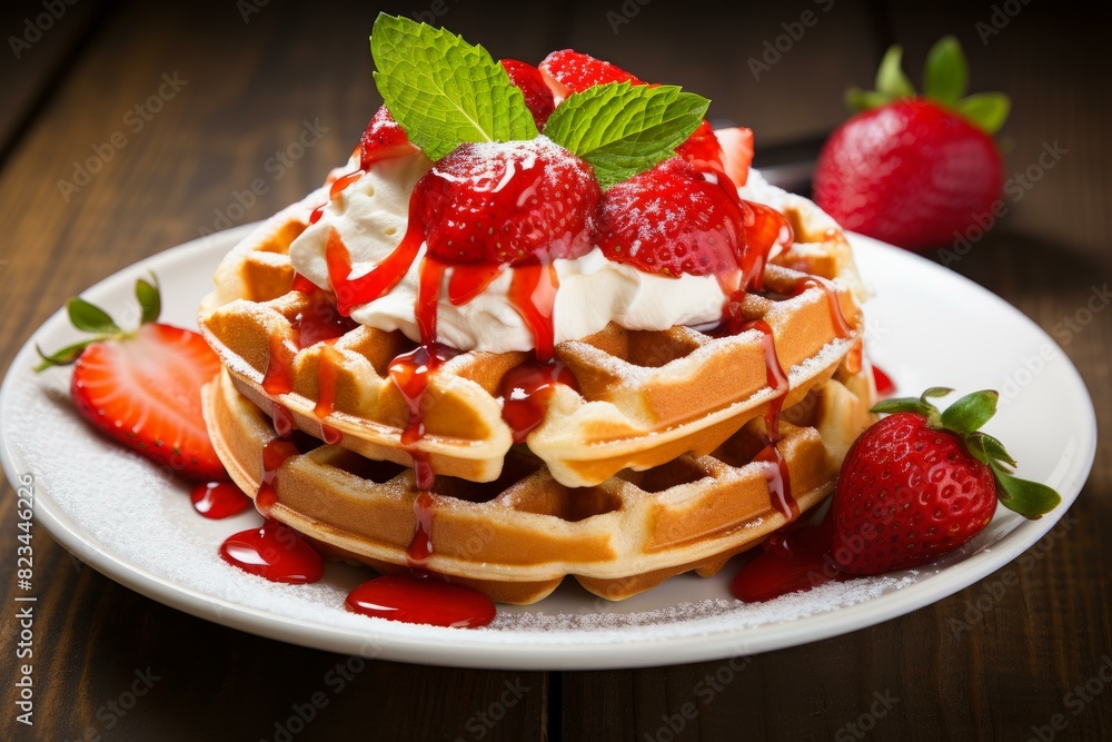 Delicious waffles topped with fresh strawberries, whipped cream, and syrup on a white plate Delicious waffles topped with fresh strawberries, whipped cream, and syrup on a white plate