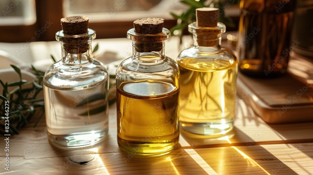 Essential Oils in Glass Bottles with Cork Stoppers - ai generative Essential Oils in Glass Bottles with Cork Stoppers - ai generative
