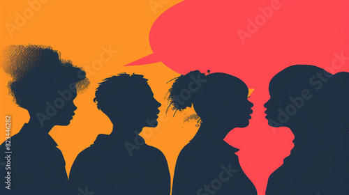 Diverse International Group Silhouette Heads in Conversation with Speech Bubbles, Promoting Racial Equality and Communication on Social Networks. Editable Template for Posters. © Spear
