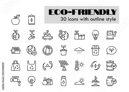 eco-friendly and sustainability outline style icon set