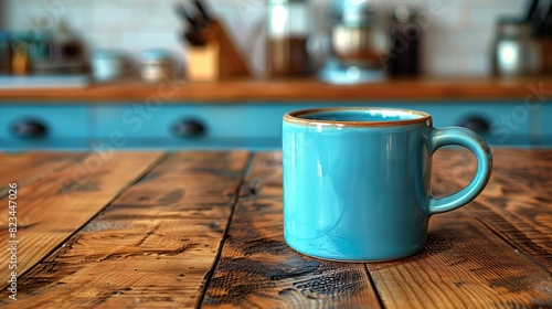 Blue Ceramic Coffee Mug on Rustic Wooden Table in Cozy Kitchen - ai generative