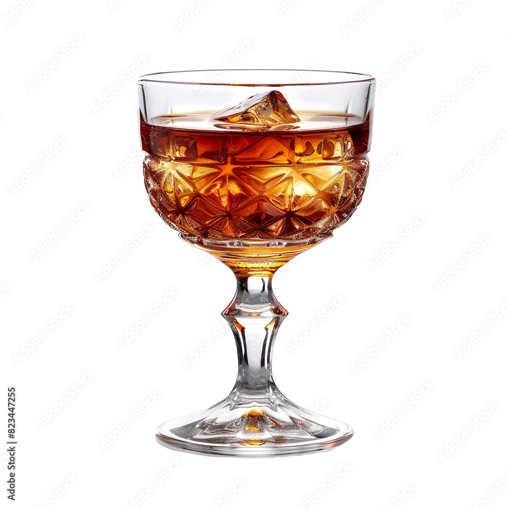 Extreme front view of Brandy Crusta brandy cocktail in a stemmed glass isolated on a white transparent background Extreme front view of Brandy Crusta brandy cocktail in a stemmed glass isolated on a white transparent background
