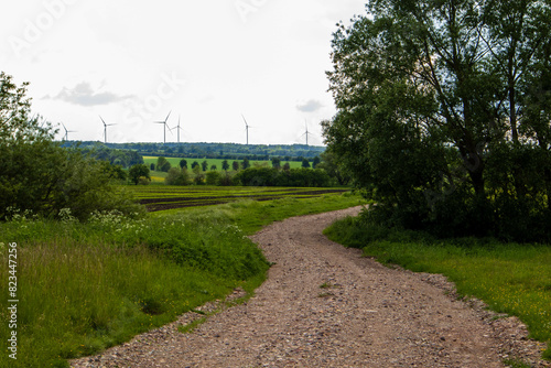 Landscape with winding rural road and with wind generators