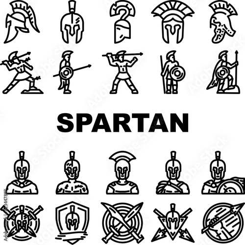 spartan warrior helmet icons set vector. roman sparta, battle armor, gladiator soldier, greek ancient, head centurion, knight spartan warrior helmet black contour illustrations