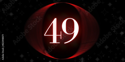 Number 49. Banner with the number forty  nine on a black background and white stars with a circle red in the middle photo