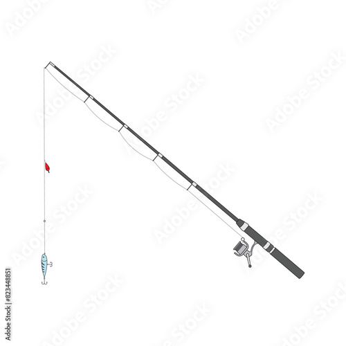 Hand drawn kids drawing cartoon Vector illustration fishing rod icon Isolated on White