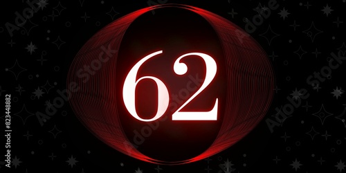 Number 62. Banner with the number sixty two on a black background and white stars with a circle red in the middle photo