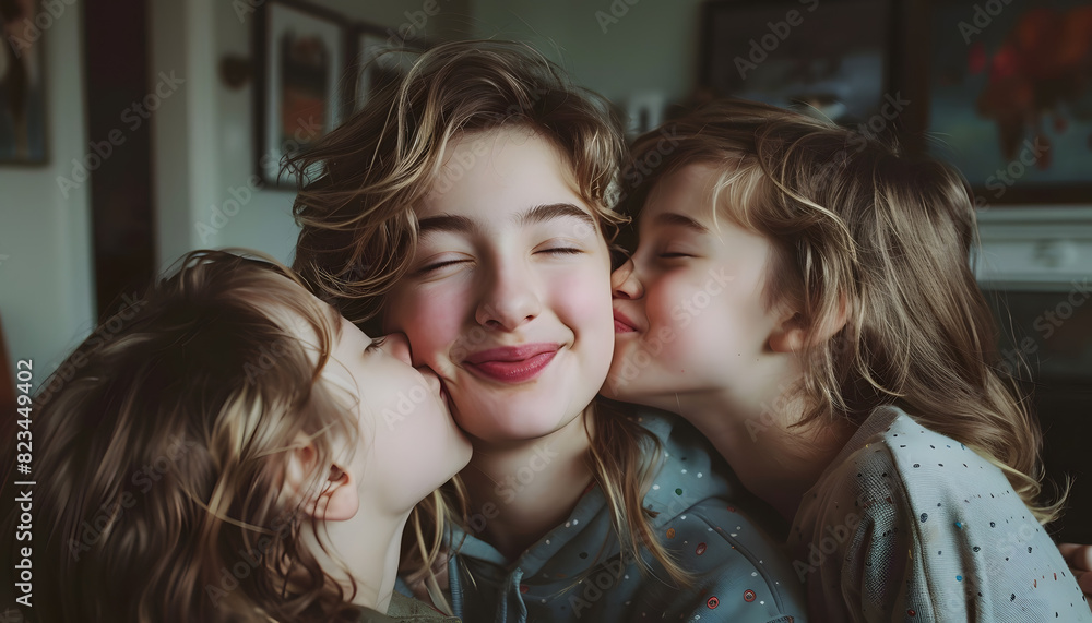 Two Children Kissing Their Older Sister at Home Two Children Kissing Their Older Sister at Home