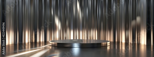 dark 3d render podium with a metal stripes texture background, illuminated by soft lighting and shadows