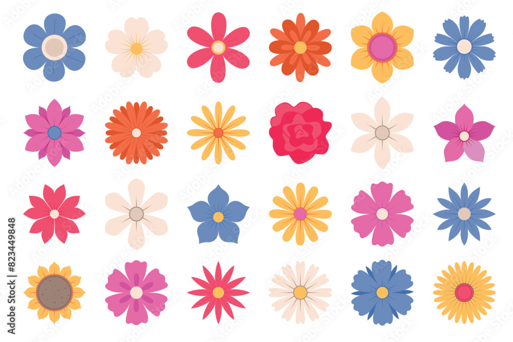 Abstract flowers, top view. Spring flora. Flat vector illustration on white background Abstract flowers, top view. Spring flora. Flat vector illustration on white background