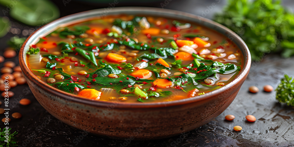 Spinach and Lentil Soup featuring lentils, spinach, carrots, celery, onions, garlic, and spices like cumin and paprika. Spinach and Lentil Soup featuring lentils, spinach, carrots, celery, onions, garlic, and spices like cumin and paprika.